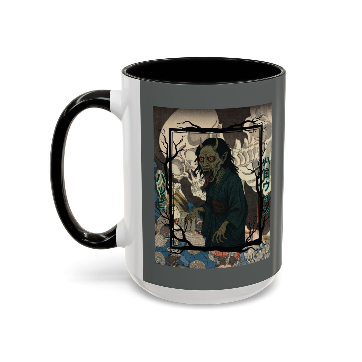 Yōkai Happy Halloween Grey Accent Mug by CreepyCrafts.boo