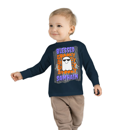 Spooky Blessed Samhain Ghost Purple font Toddler Long Sleeve Tee by CreepyCrafts.boo