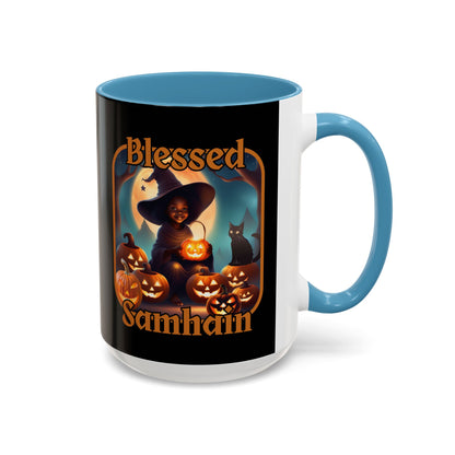 Blessed Samhain Cute Witch Orange font Black Accent Mug by CreepyCrafts.boo