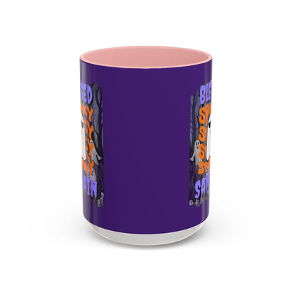 Spooky Blessed Samhain Ghost Purple font Accent Mug by CreepyCrafts.boo