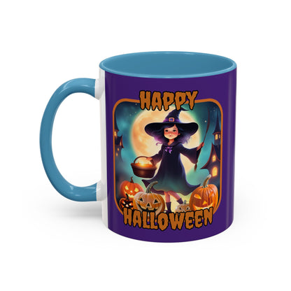 Happy Halloween Little Witch Orange font Purple Accent Mug by CreepyCrafts.boo