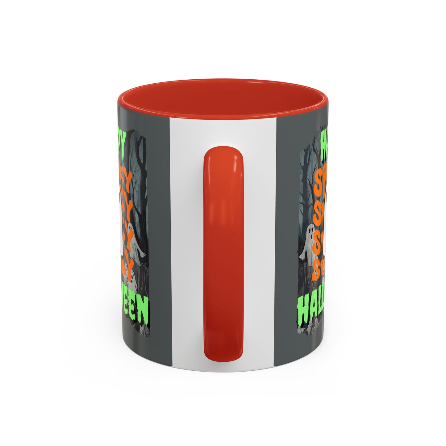 Spooky Happy Halloween Ghost Green font Grey Accent Mug by CreepyCrafts.boo