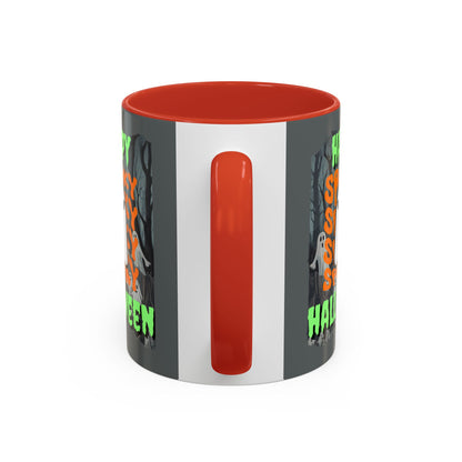 Spooky Happy Halloween Ghost Green font Grey Accent Mug by CreepyCrafts.boo