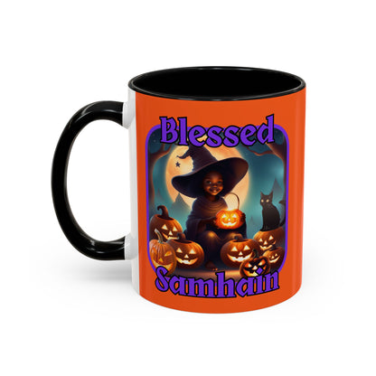 Blessed Samhain Cute Witch Purple font Orange Accent Mug by CreepyCrafts.boo