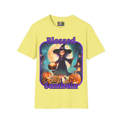 Blessed Samhain Little Witch Purple font Light colors Unisex T-Shirt by CreepyCrafts.boo