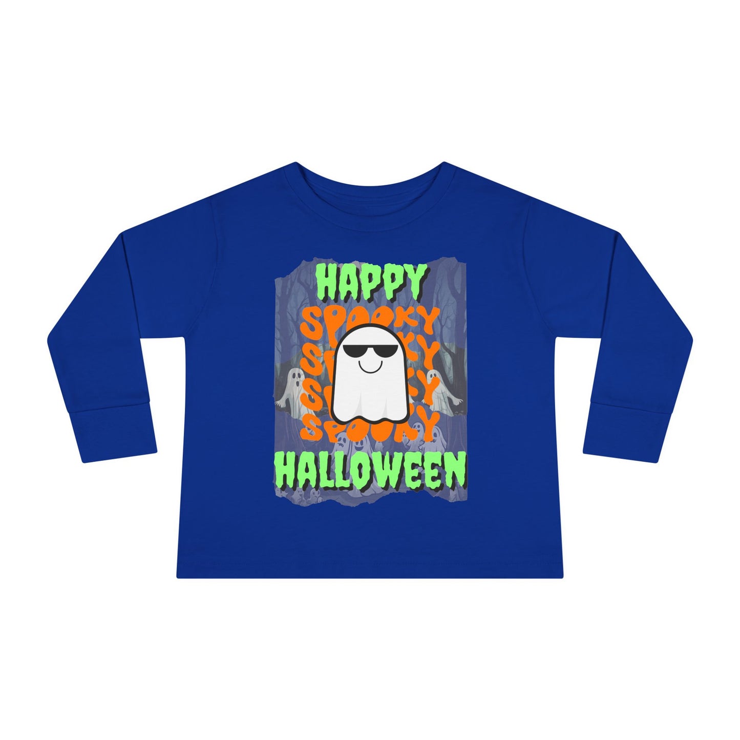 Spooky Happy Halloween Ghost Green font Toddler Long Sleeve Tee by CreepyCrafts.boo