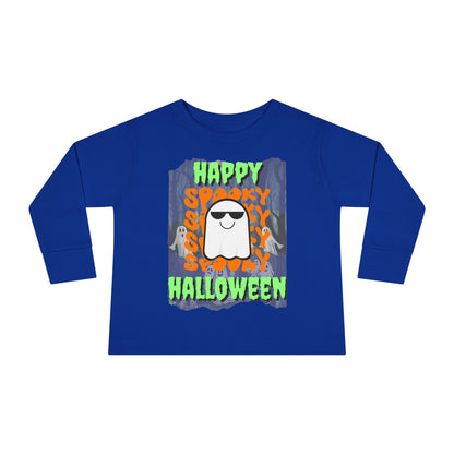 Spooky Happy Halloween Ghost Green font Toddler Long Sleeve Tee by CreepyCrafts.boo