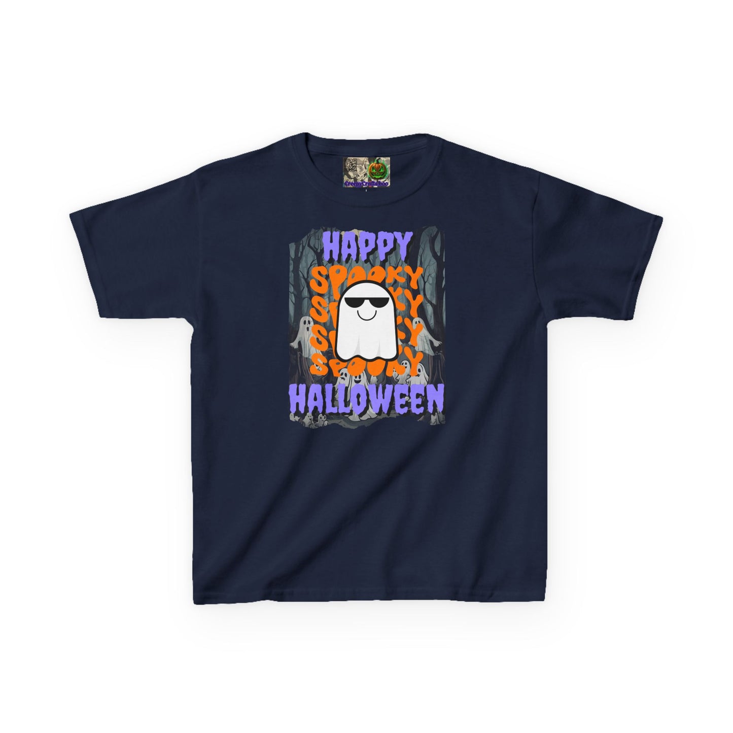 Spooky Happy Halloween Ghost Purple font Kids Heavy Cotton™ Tee by CreepyCrafts.boo