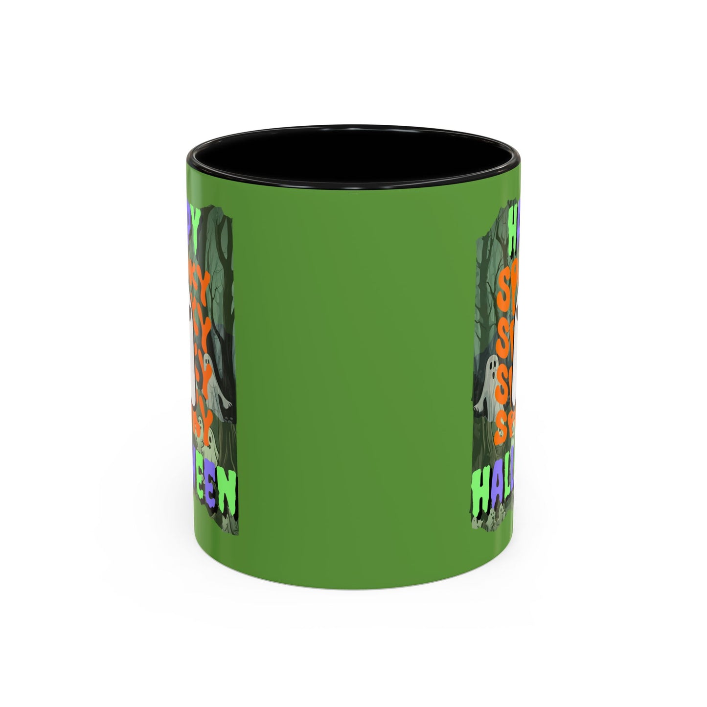 Spooky Happy Halloween Ghost Mixed font Green Accent Mug by CreepyCrafts.boo