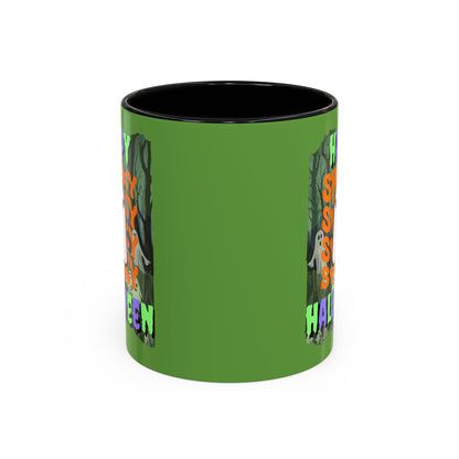 Spooky Happy Halloween Ghost Mixed font Green Accent Mug by CreepyCrafts.boo