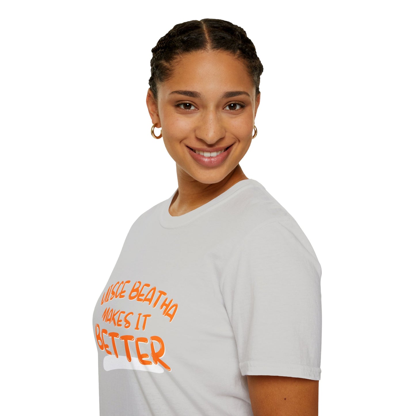 Uisce Beatha makes it better Orange font Light colors Unisex T-Shirt by cypherpunkgear.com
