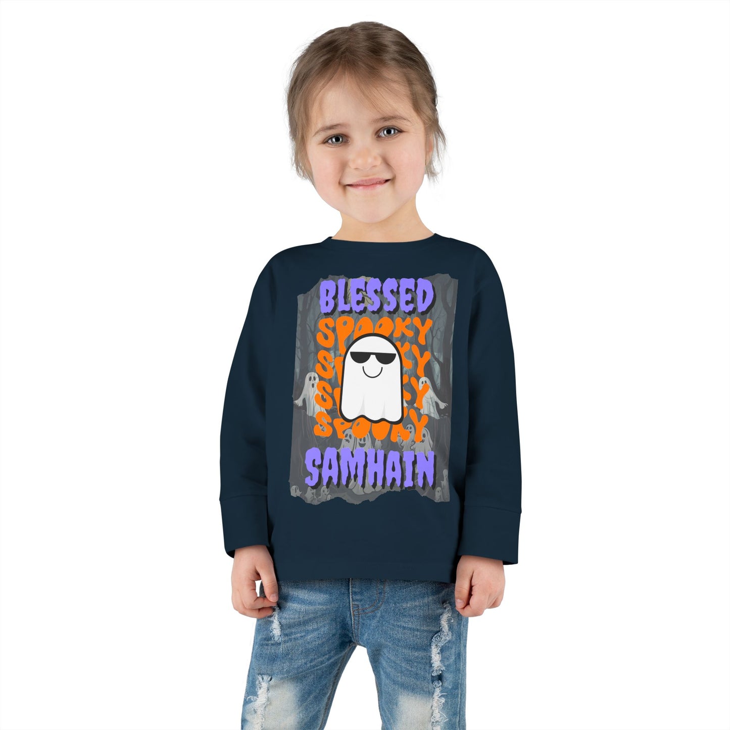 Spooky Blessed Samhain Ghost Purple font Toddler Long Sleeve Tee by CreepyCrafts.boo