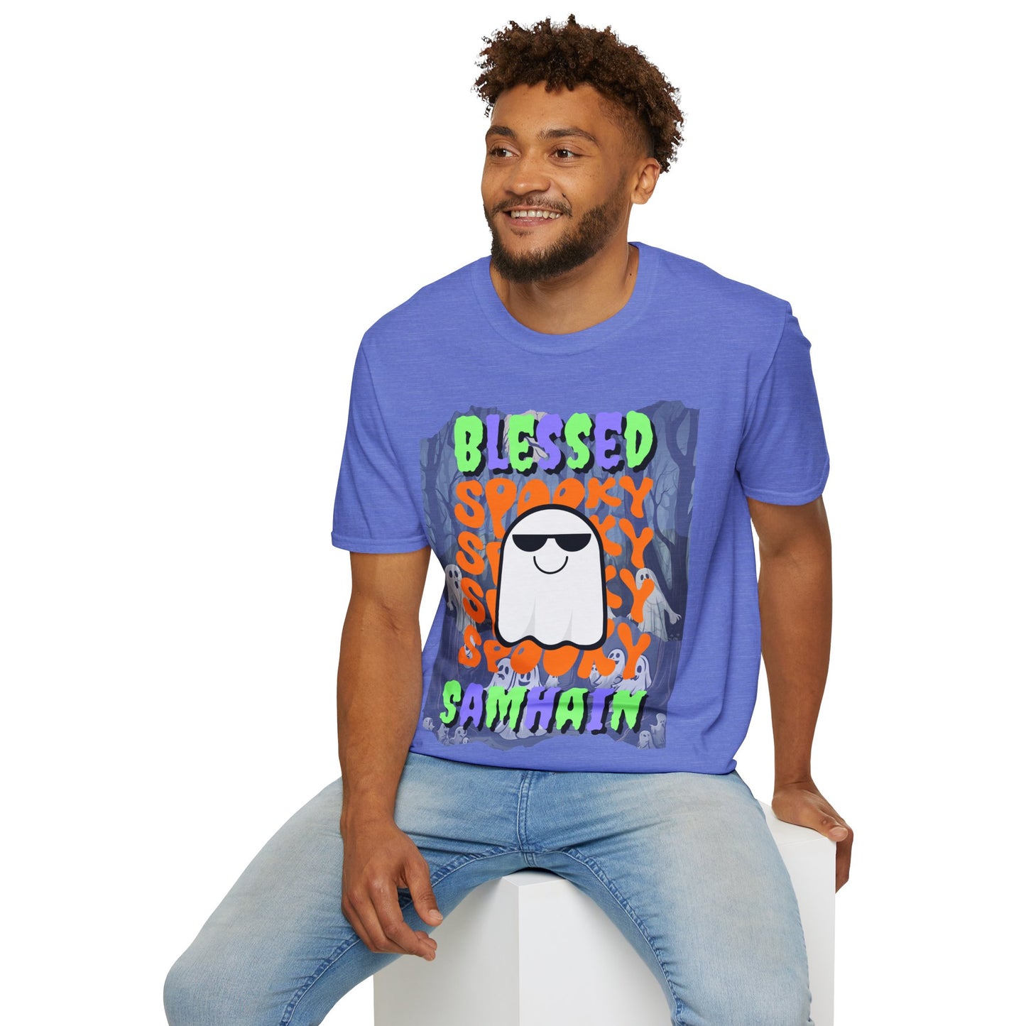 Spooky Blessed Samhain Ghost Mixed font Unisex T-Shirt by CreepyCrafts.boo