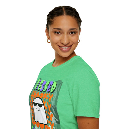 Spooky Blessed Samhain Ghost Mixed font Unisex T-Shirt by CreepyCrafts.boo