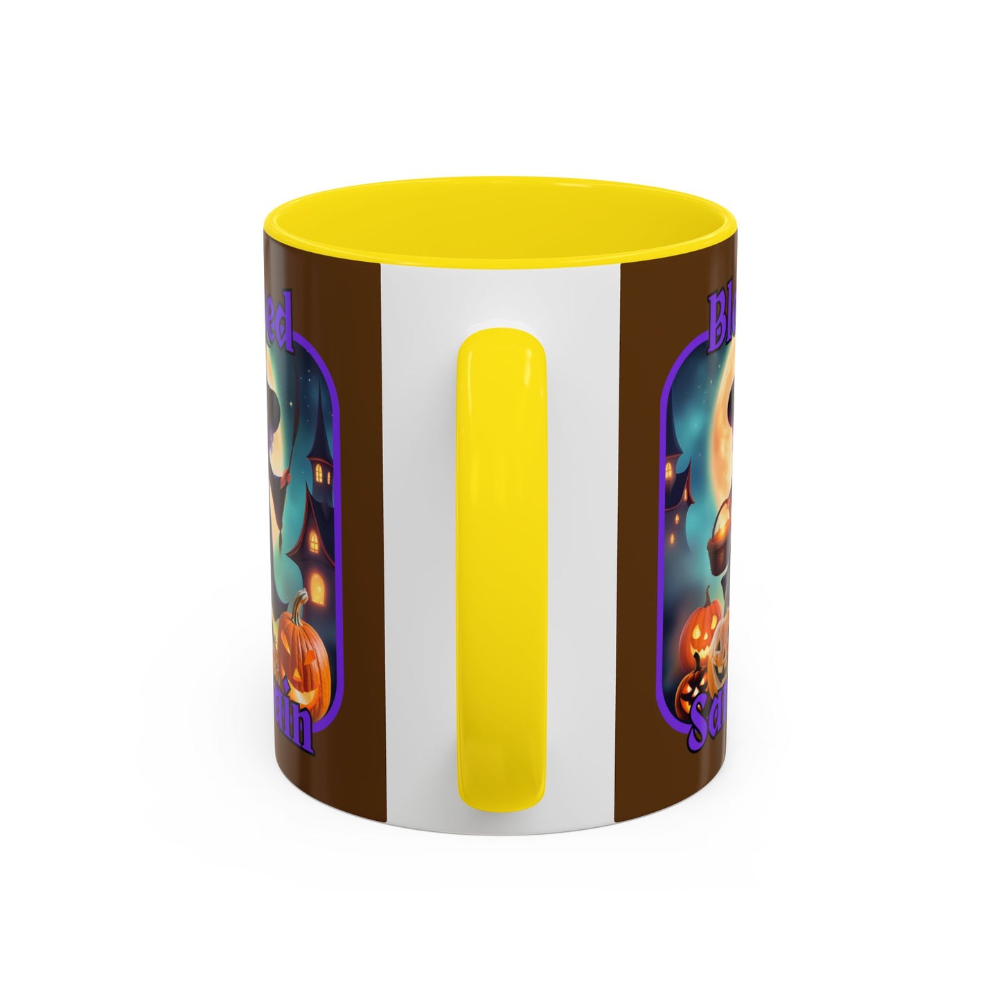 Blessed Samhain Little Witch Purple font Brown Accent Mug by CreepyCrafts.boo