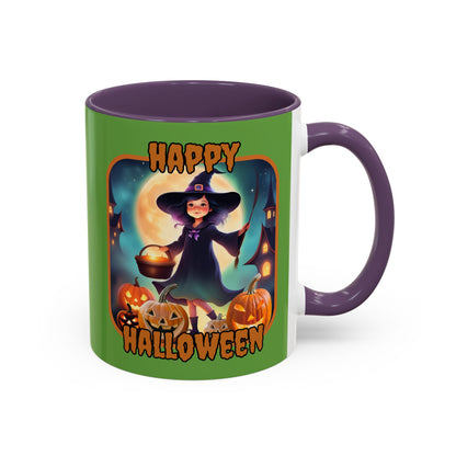 Happy Halloween Little Witch Orange font Green Accent Mug by CreepyCrafts.boo