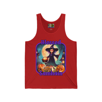 Blessed Samhain Little Witch Purple font Unisex Jersey Tank Top by CreepyCrafts.boo
