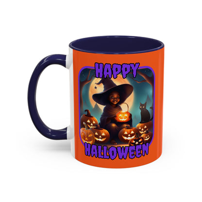 Happy Halloween Cute Witch Purple font Orange Accent Mug by CreepyCrafts.boo