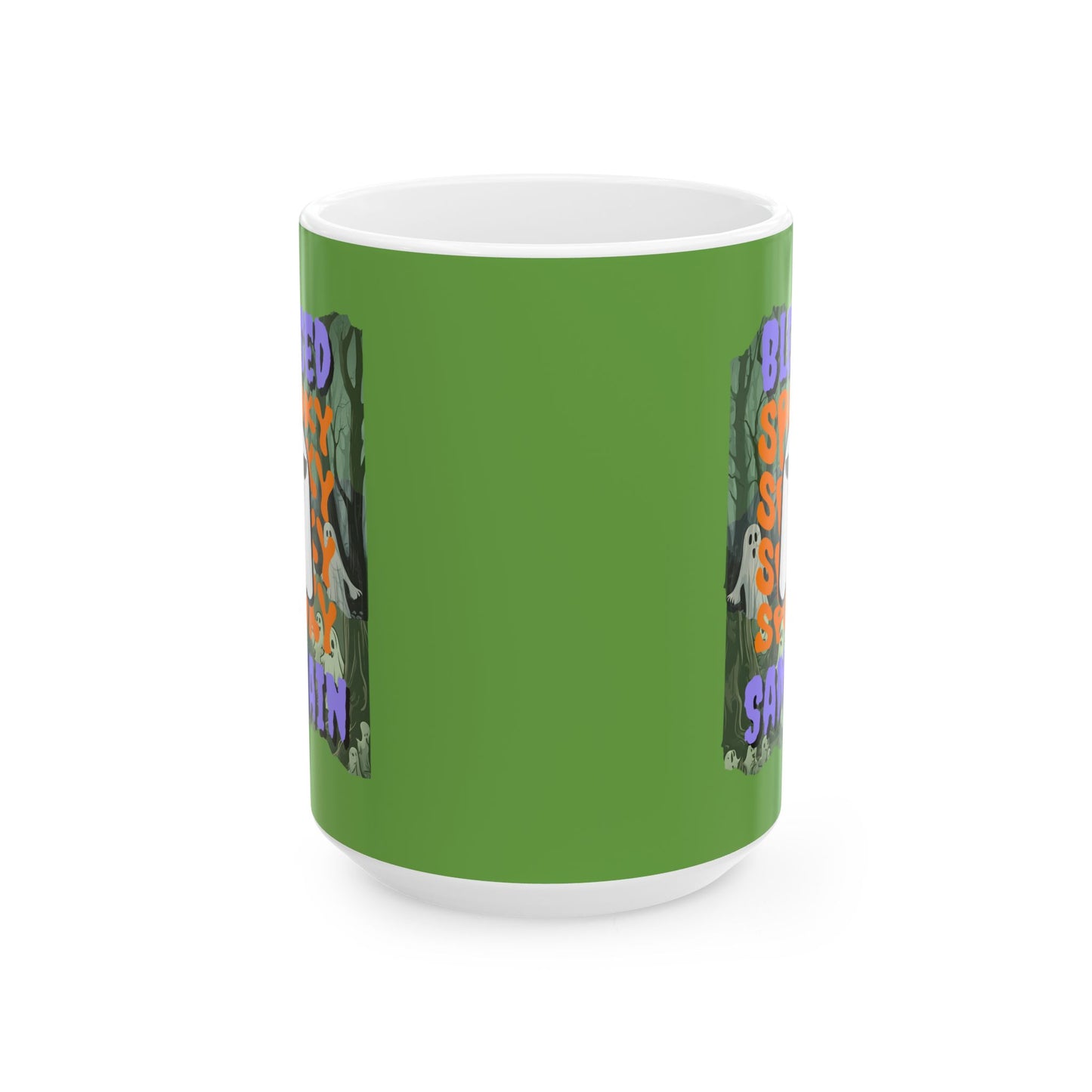 Spooky Blessed Samhain Ghost Purple font Green Mug by CreepyCrafts.boo