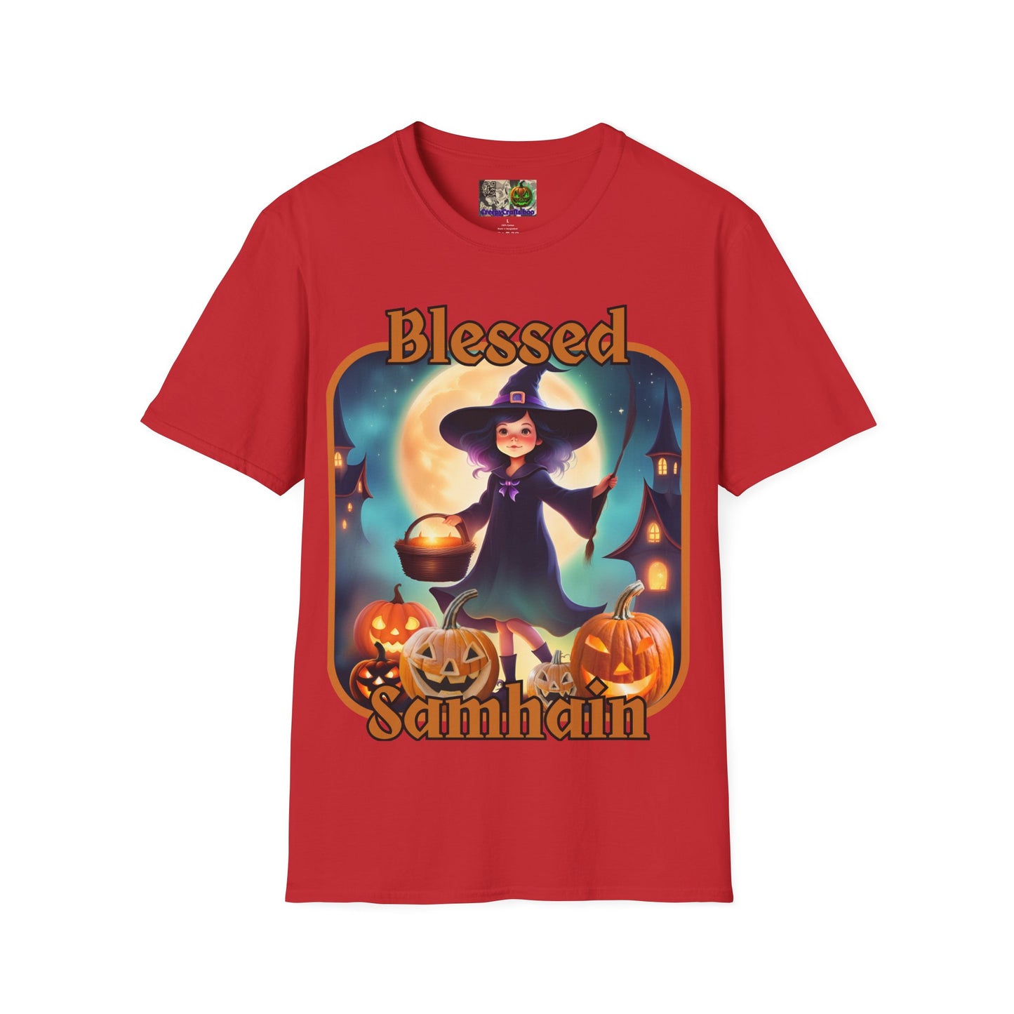 Blessed Samhain Little Witch Orange font Light colors Unisex T-Shirt by CreepyCrafts.boo