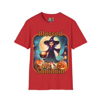 Blessed Samhain Little Witch Orange font Light colors Unisex T-Shirt by CreepyCrafts.boo