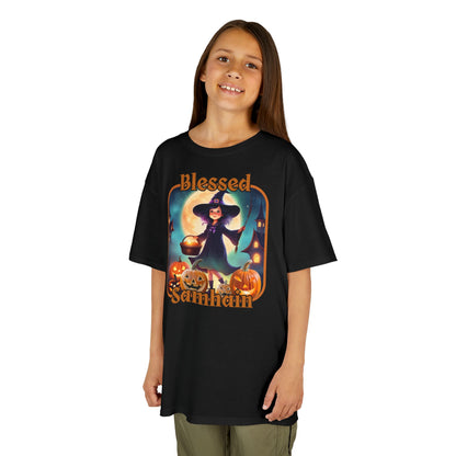 Blessed Samhain Little Witch Orange font Kids Heavy Cotton™ Tee by CreepyCrafts.boo