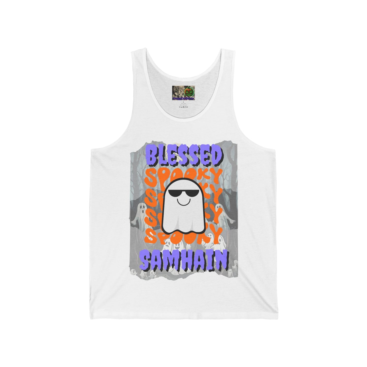 Spooky Blessed Samhain Ghost Purple font Unisex Jersey Tank Top by CreepyCrafts.boo
