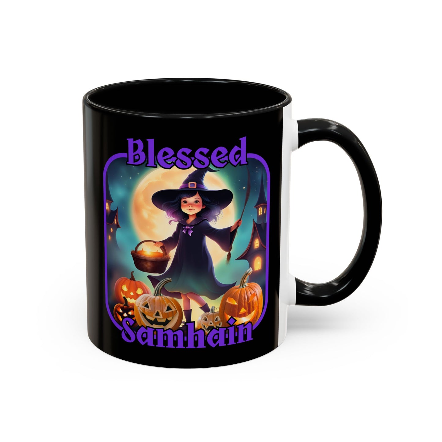 Blessed Samhain Little Witch Purple font Black Accent Mug by CreepyCrafts.boo
