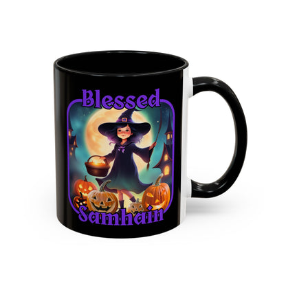 Blessed Samhain Little Witch Purple font Black Accent Mug by CreepyCrafts.boo