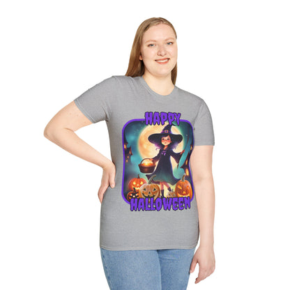Happy Halloween Little Witch Purple font, Light colors, Unisex T-Shirt by CreepyCrafts.boo