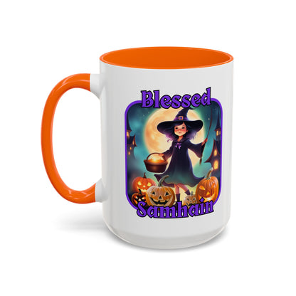 Blessed Samhain Little Witch Purple font White Accent Mug by CreepyCrafts.boo