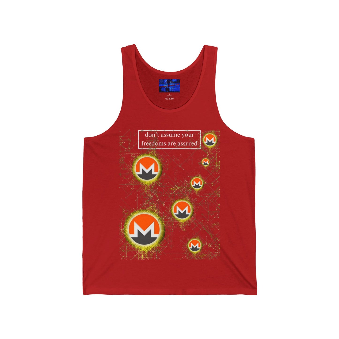 Monero (XMR) don't assume your freedoms are assured Dark colors Unisex Jersey Tank Top by cypherpunkgear.com