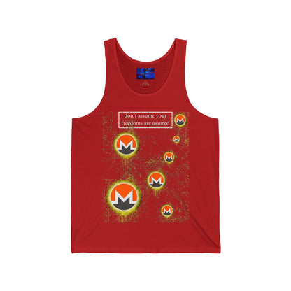 Monero (XMR) don't assume your freedoms are assured Dark colors Unisex Jersey Tank Top by cypherpunkgear.com