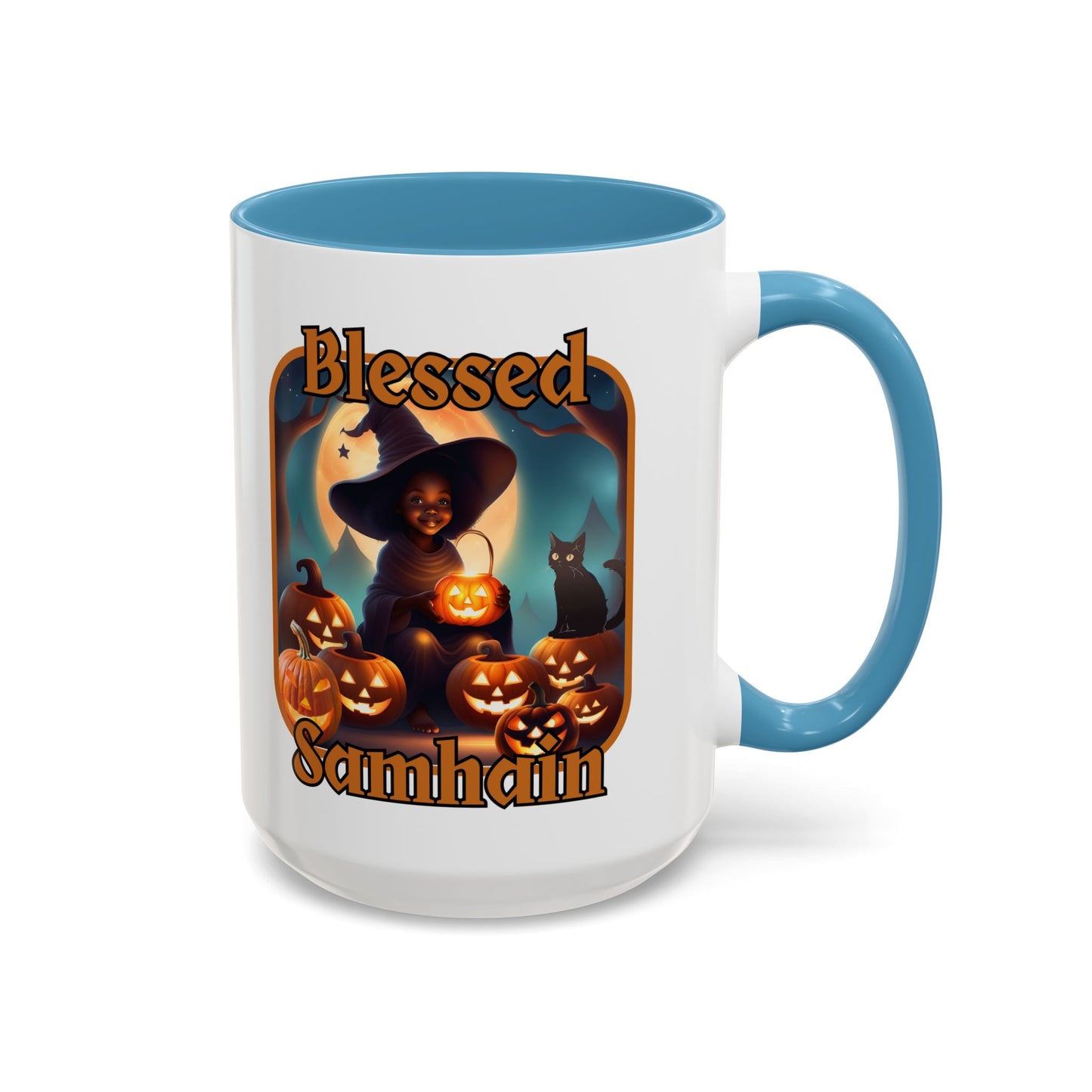 Blessed Samhain Cute Witch Orange font White Accent Mug by CreepyCrafts.boo