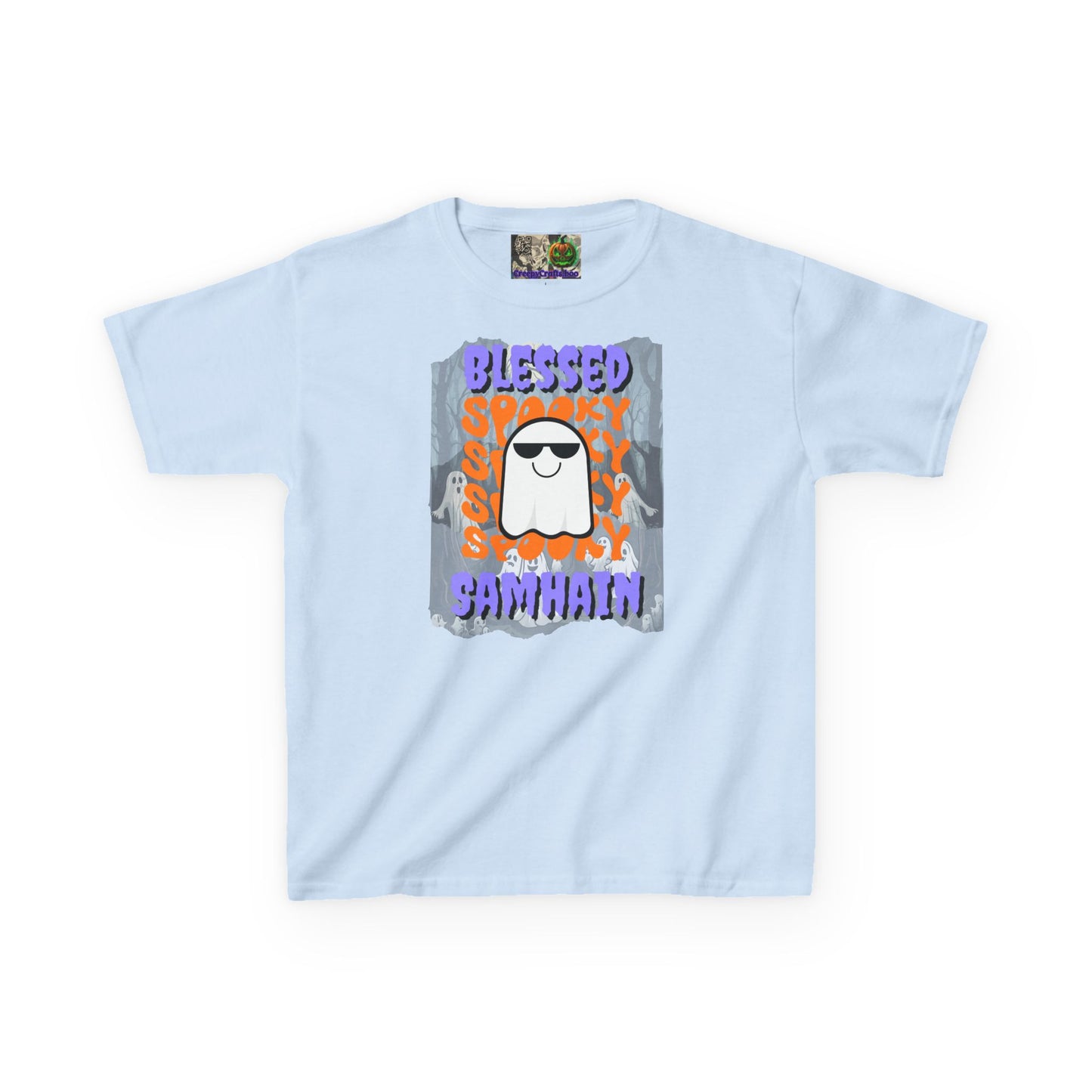 Spooky Blessed Samhain Ghost Purple font Kids Heavy Cotton™ Tee by CreepyCrafts.boo