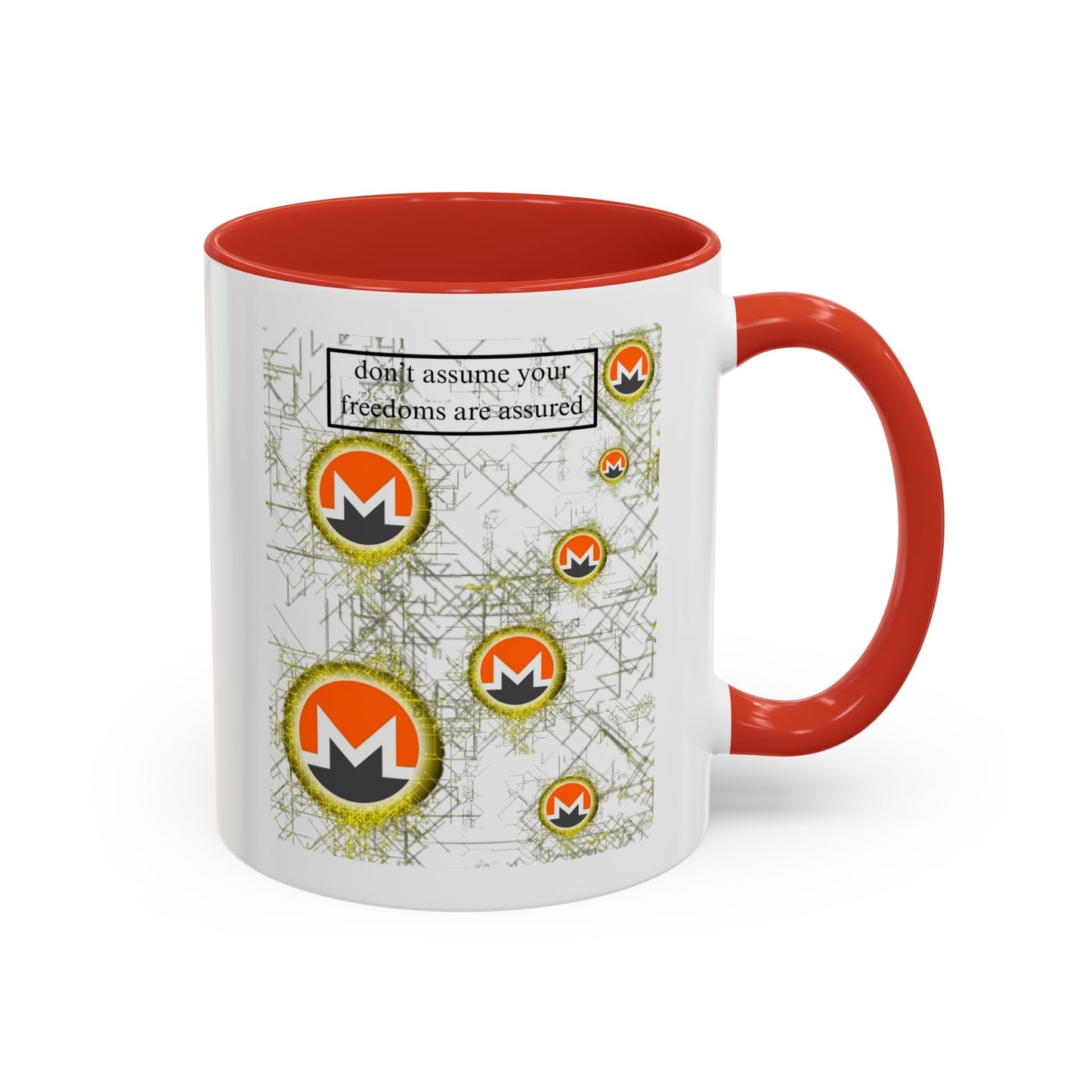 Monero (XMR) don't assume your freedoms are assured White Accent Mug by cypherpunkgear.com