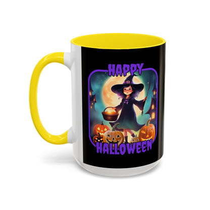 Happy Halloween Little Witch Purple font Black Accent Mug by CreepyCrafts.boo