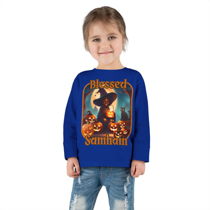 Blessed Samhain Cute Witch Orange font Toddler Long Sleeve Tee by CreepyCrafts.boo