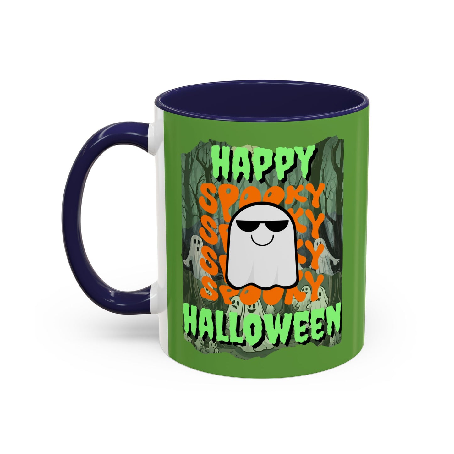 Spooky Happy Halloween Ghost Green font Green Accent Mug by CreepyCrafts.boo