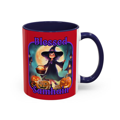 Blessed Samhain Little Witch Purple font Red Accent Mug by CreepyCrafts.boo