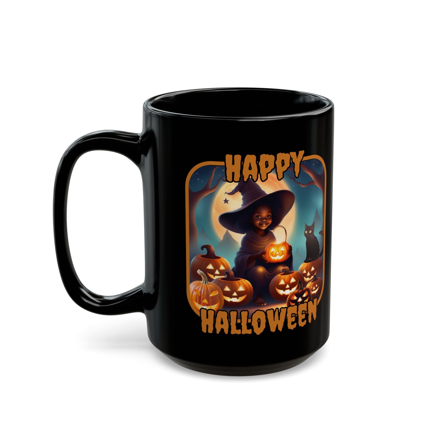 Happy Halloween Cute Witch Orange font Black Mug by CreepyCrafts.boo