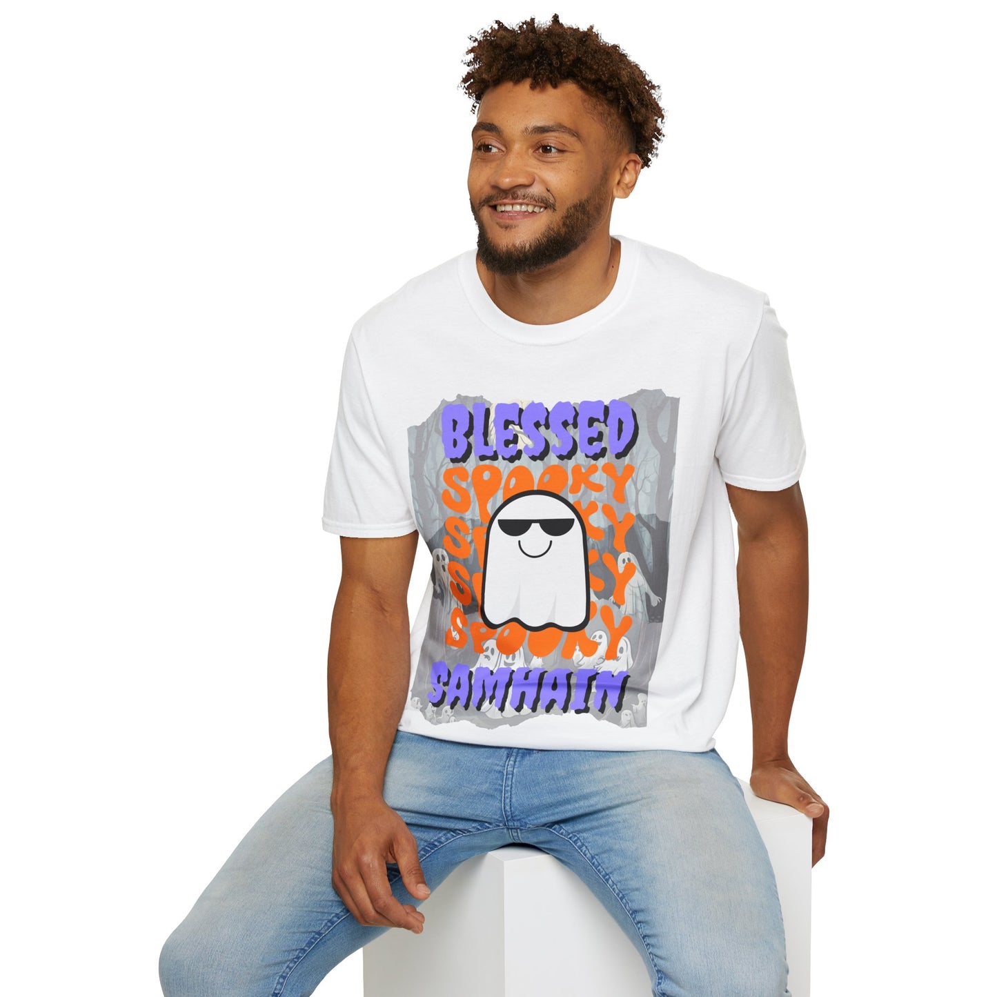 Spooky Blessed Samhain Ghost Purple font Unisex T-Shirt by CreepyCrafts.boo