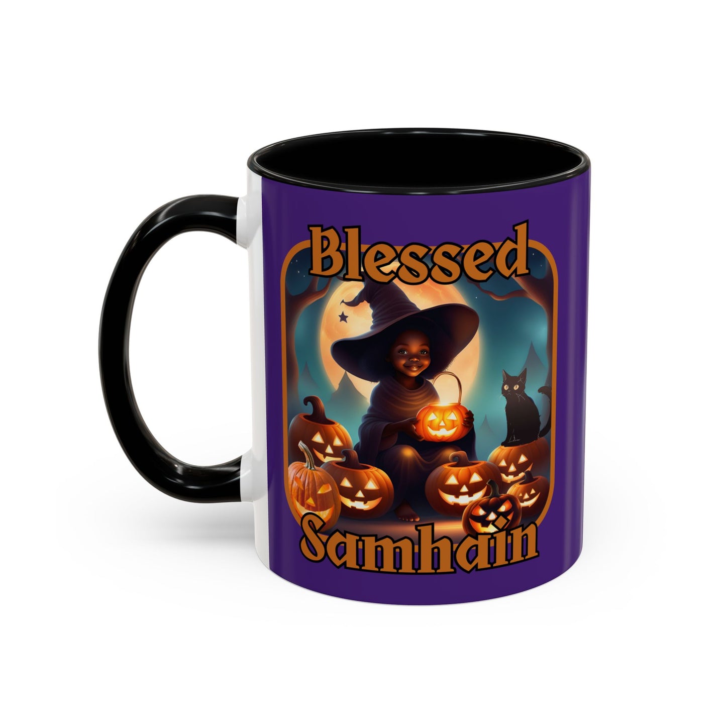 Blessed Samhain Cute Witch Orange font Purple Accent Mug by CreepyCrafts.boo