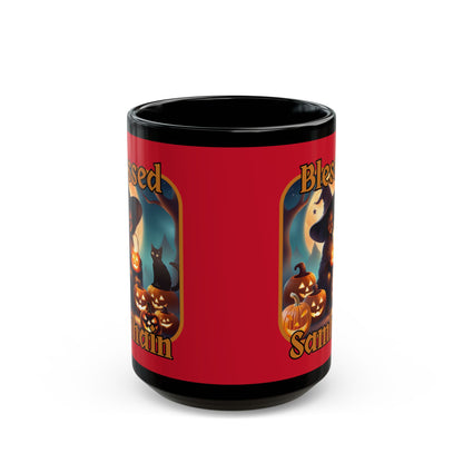 Blessed Samhain Cute Witch Orange font Red Mug by CreepyCrafts.boo
