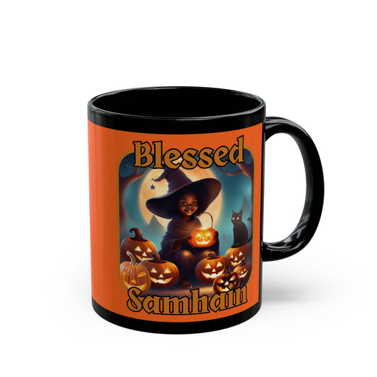 Blessed Samhain Cute Witch Orange font Orange Mug by CreepyCrafts.boo