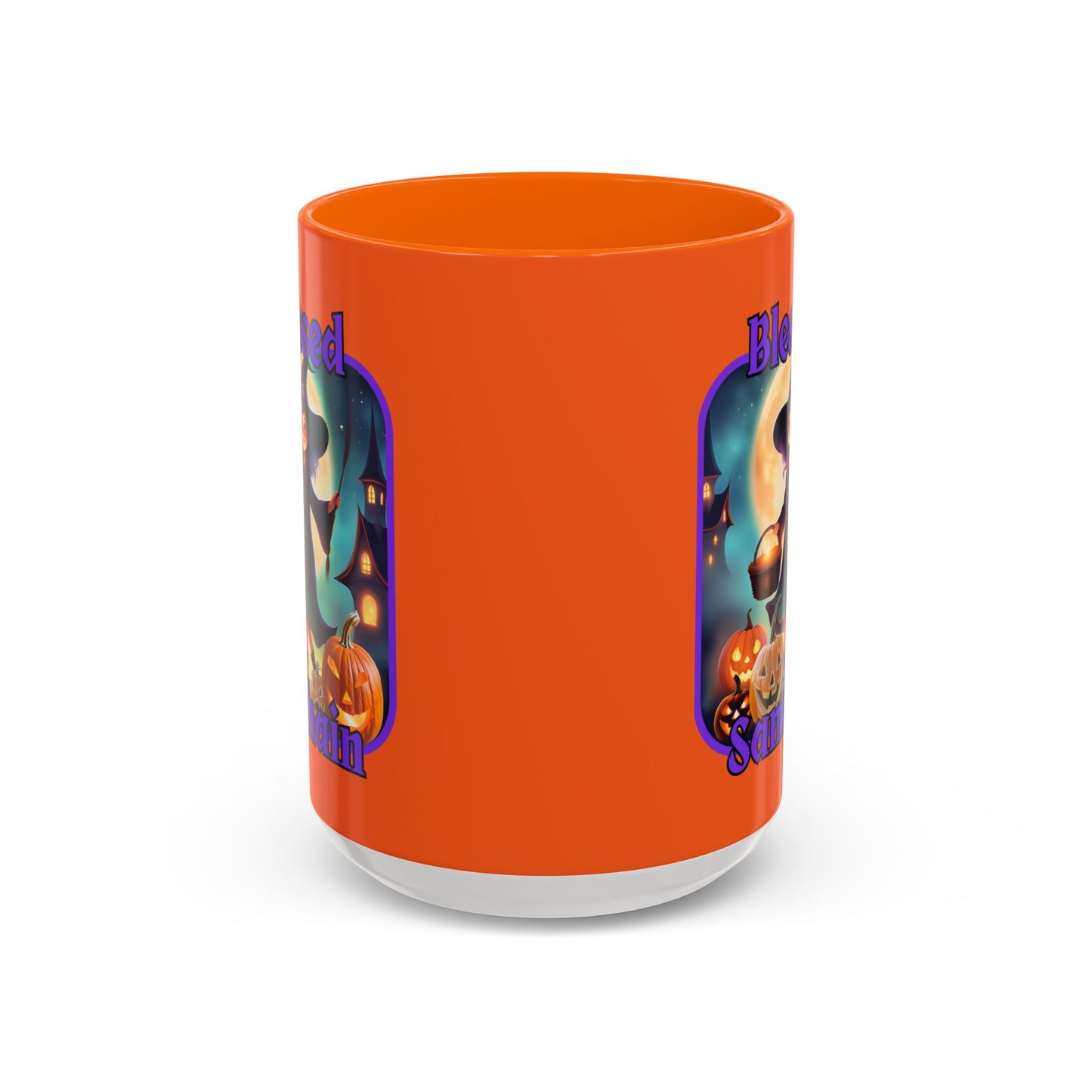Blessed Samhain Little Witch Purple font Orange Accent Mug by CreepyCrafts.boo