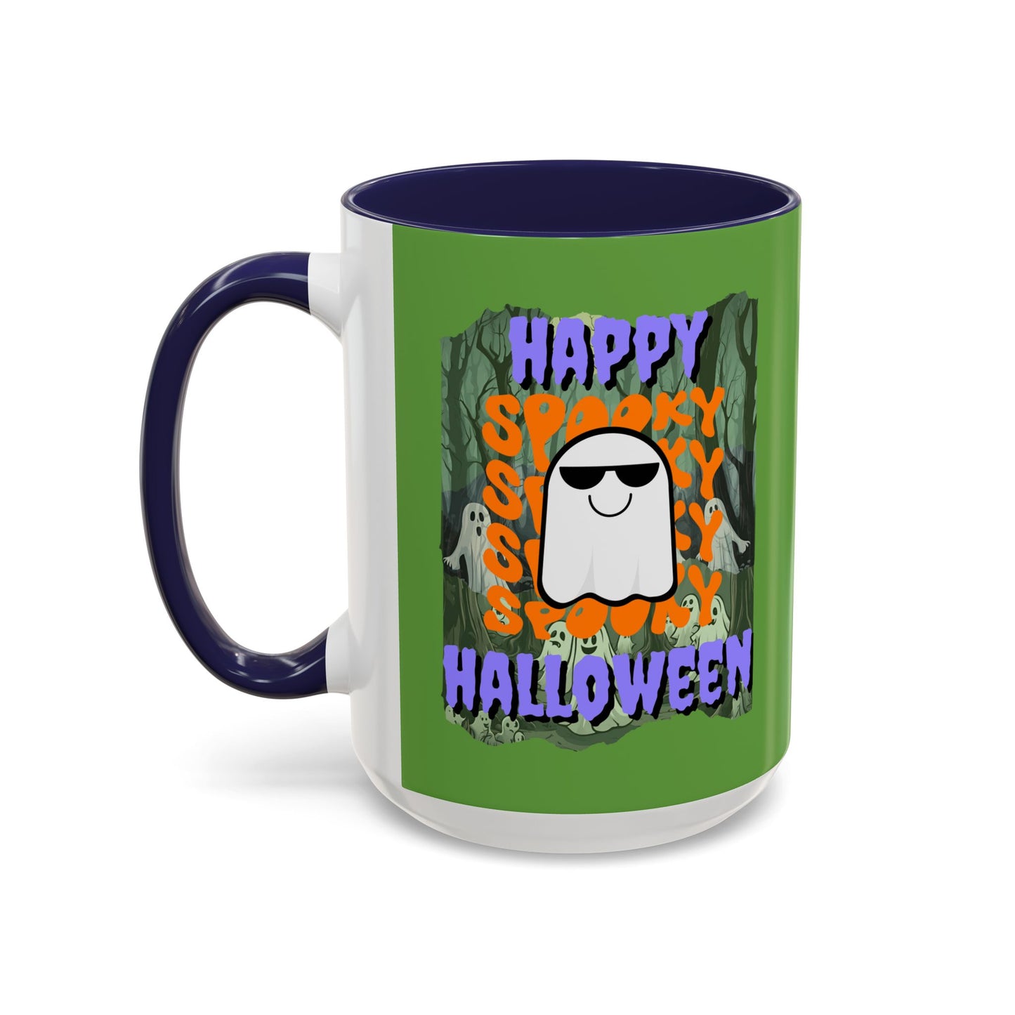 Spooky Happy Halloween Ghost Purple font Green Accent Mug by CreepyCrafts.boo