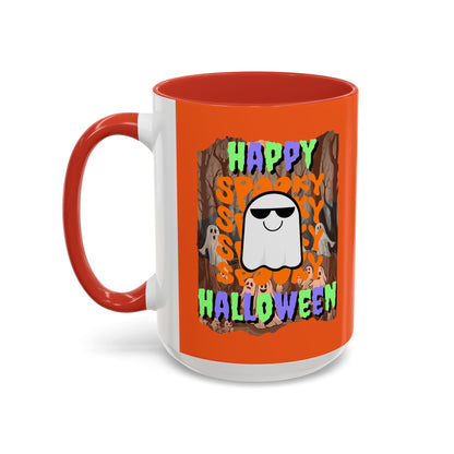 Spooky Happy Halloween Ghost Mixed font Orange Accent Mug by CreepyCrafts.boo