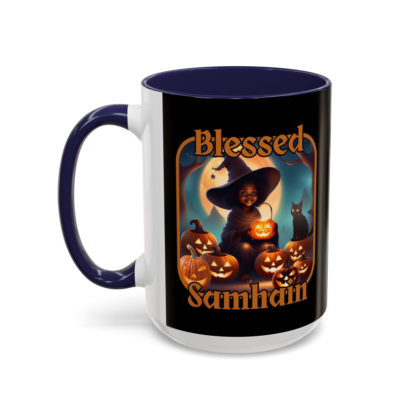 Blessed Samhain Cute Witch Orange font Black Accent Mug by CreepyCrafts.boo