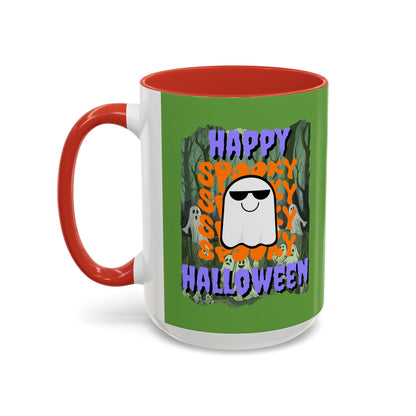 Spooky Happy Halloween Ghost Purple font Green Accent Mug by CreepyCrafts.boo